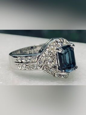 Silver Tone Blue Stone Ring Size 7 Emerald Cut Halo Statement